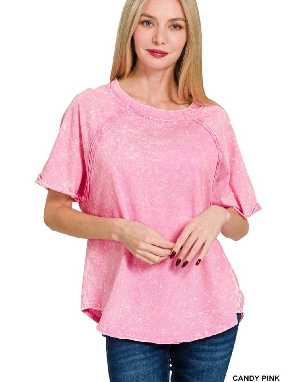 New Zenana Candy Pink Acid Washed Raglan Top